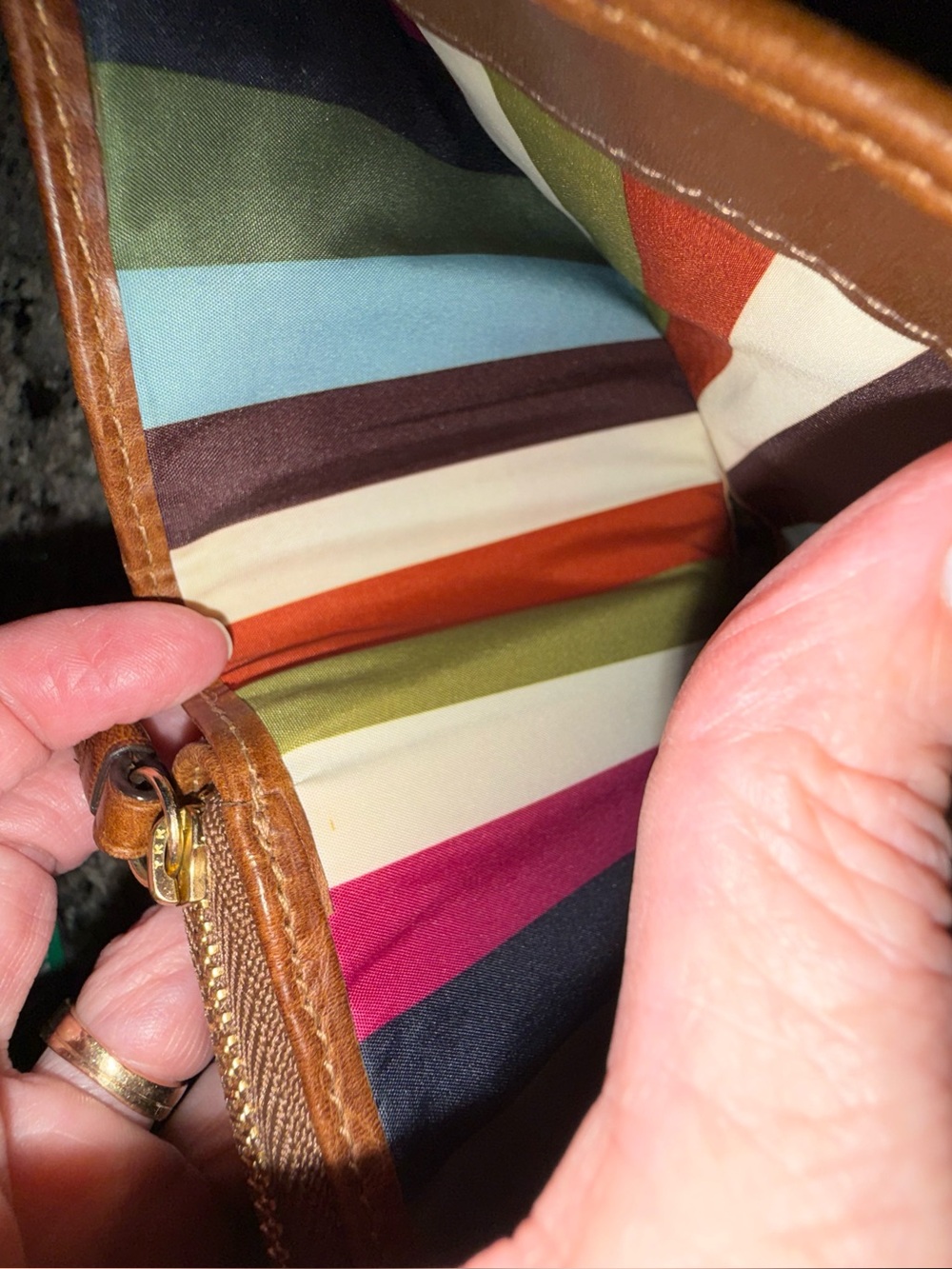 Coach Anniversary Stripe Denim Navy Canvas and Brown Leather Snap Wallet - Picture 11 of 12